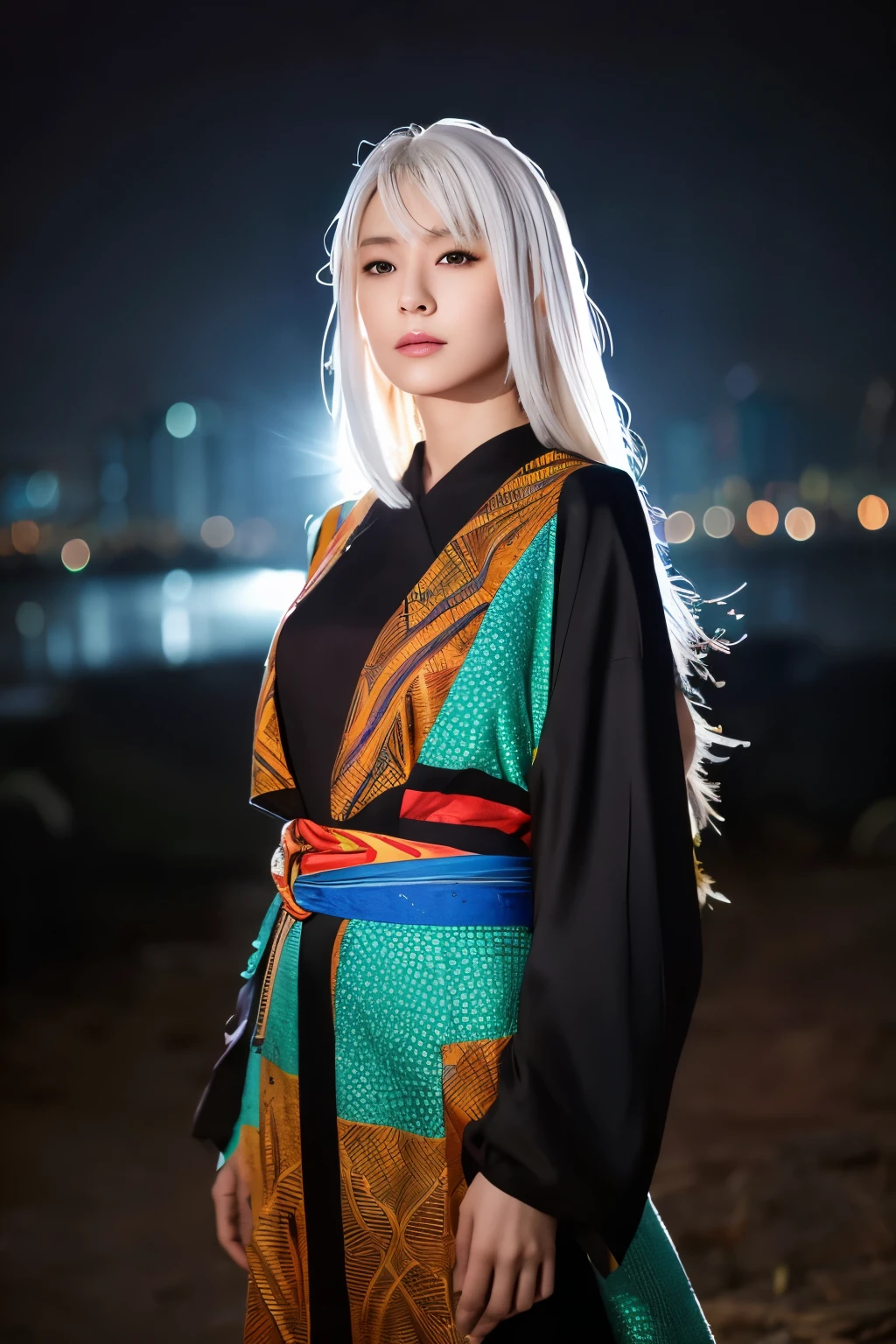 Masterpiece, high quality, high resolution, 8K, (solo:1.2), ((1girl)), Japanese woman, detailed face, detailed eyes, correct body structure, upper body, ((White hair:1.2)), very long hair, messy hair, slender body, seductive silhouette, luminous bones, depth of field, dark photo at nighttime, dimly lit, bangs, Cinematic Lighting, Tyndall effect, abstract background, futuristic outfits, vibrant colors, modern style, wide sleeves, artistic, unique patterns, colorful, stylish, trendy