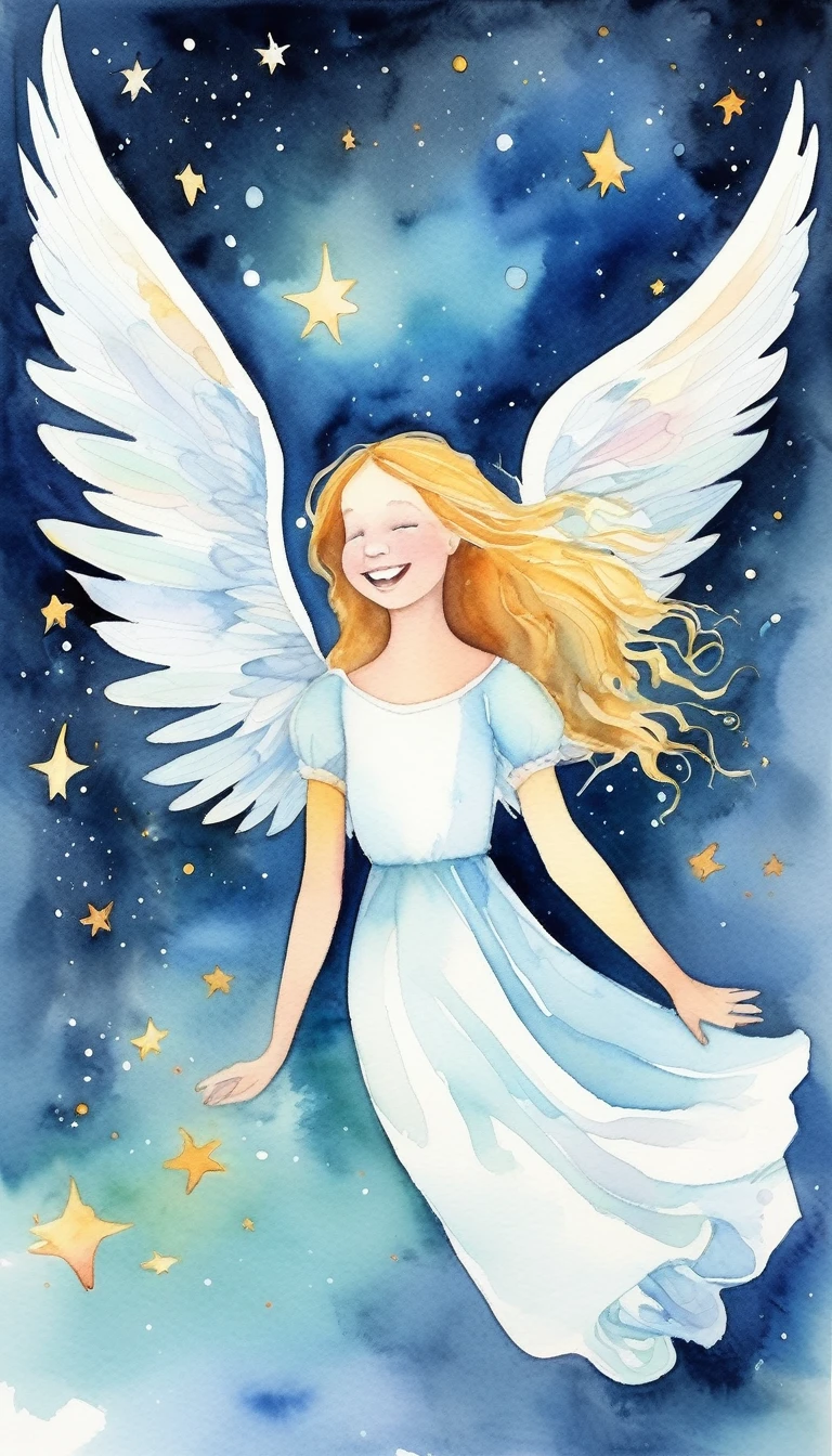 Watercolor,(Upper Body)Angel laughing, Magical fairy tale,, Deep space sky, style