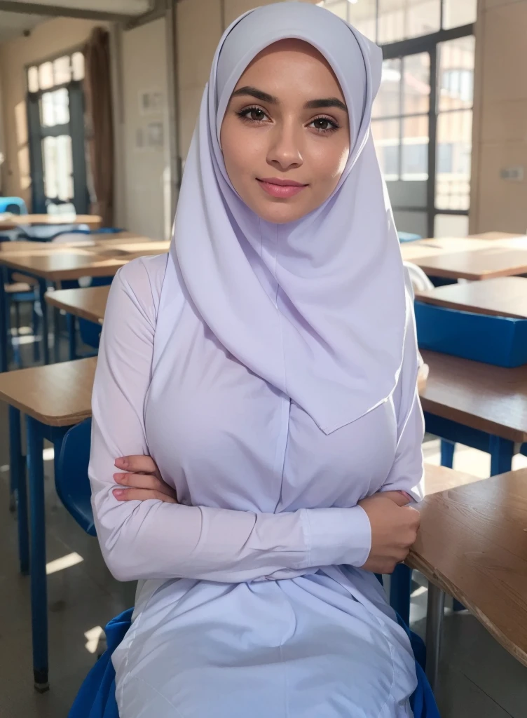 1girl, white silky dress, wearing short blue hijab, blue skirt, long sleeve, classroom background, beautiful, pretty, blushing, flawless, best quality, masterpiece, ultra high res, (photorealistic:1.4), raw photo, (large breasts,full body:1.2), ((closed clothes)), detailed two arms, ((both arms crossed)) ((wearing short hijab)), detailed beautiful eyes, detailed reddish lips, ((dress wrinkles at breasts area))