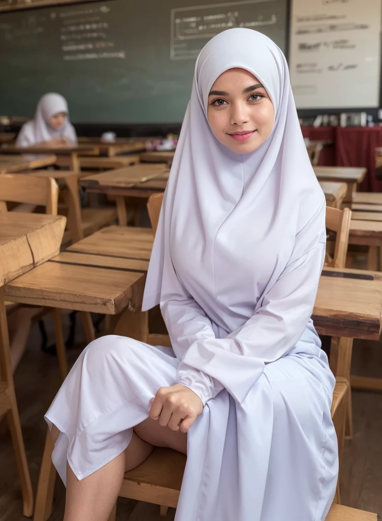 1girl, white silky dress, wearing short blue hijab, blue skirt, long sleeve, classroom background, beautiful, pretty, blushing, flawless, best quality, masterpiece, ultra high res, (photorealistic:1.4), raw photo, (large breasts,full body:1.2), ((closed clothes)), detailed two arms, ((both arms crossed)) ((wearing short hijab)), detailed beautiful eyes, detailed reddish lips, ((dress wrinkles at breasts area))