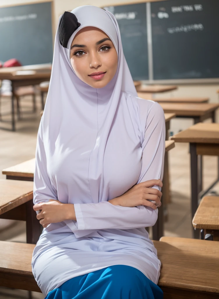 1girl, white silky dress, wearing short blue hijab, blue skirt, long sleeve, classroom background, beautiful, pretty, blushing, flawless, best quality, masterpiece, ultra high res, (photorealistic:1.4), raw photo, (large breasts,full body:1.2), ((closed clothes)), detailed two arms, ((both arms crossed)) ((wearing short hijab)), detailed beautiful eyes, detailed reddish lips, ((dress wrinkles at breasts area))