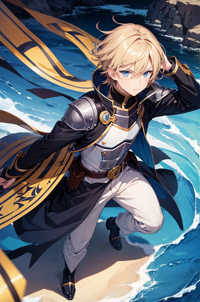create a cover image about a boy in anime style, dark blonde hair color, blue eyes, knight&#39;s armor and a great sword wielded with both hands, tired expression while smiling, with three friends and his beloved, the girl with long brown hair, two small black horns, small bat wings and small demon tail, attire black and white sweet dress wielding a dagger with an angry expression with a smile