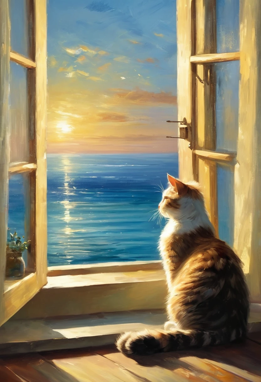 An oil painting,Great view from the window,sunrise,Ocean,horizon,peaceful,Cat on the windowsill