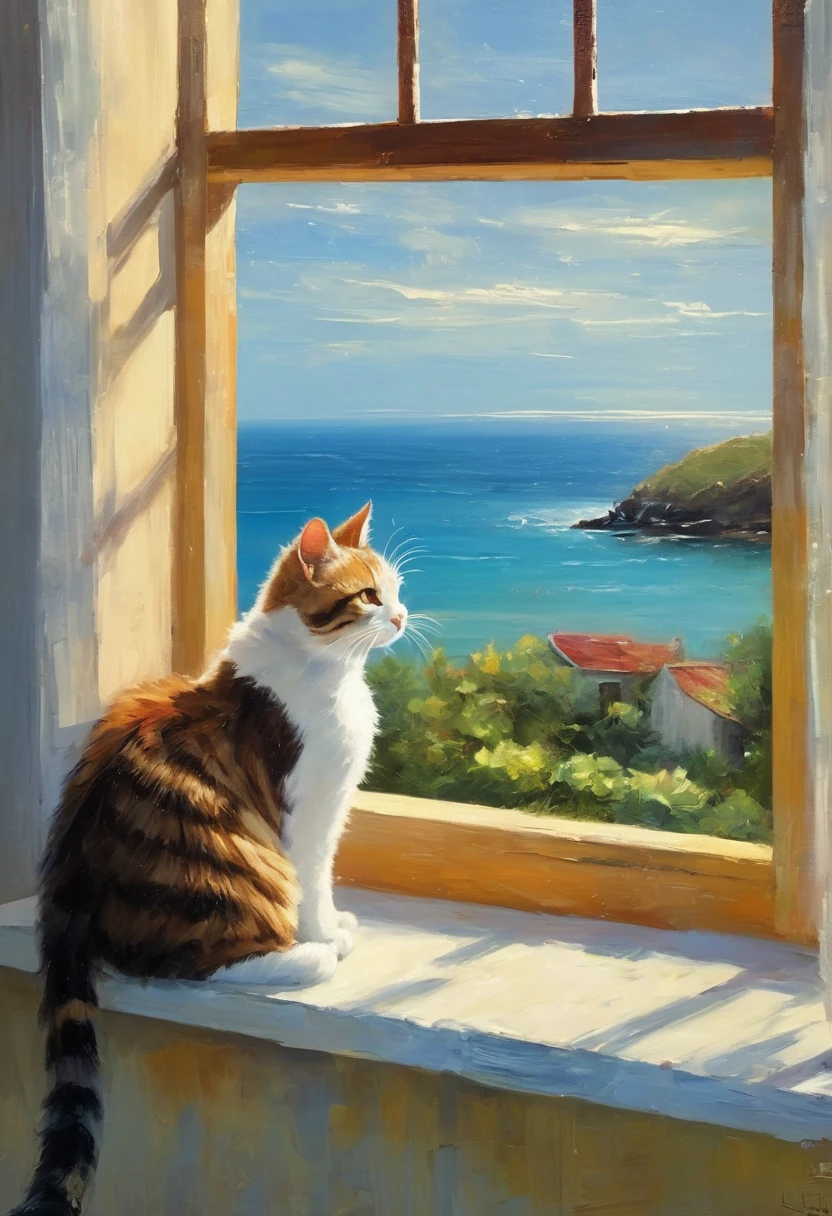An oil painting，Great view from the window，sunrise，Ocean，horizon，peaceful，Cat on the windowsill