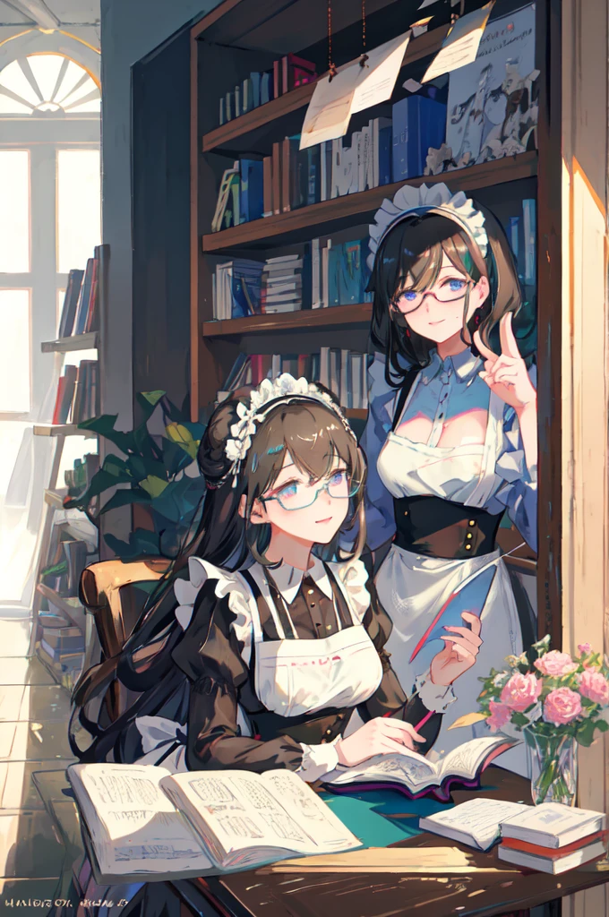 sagisawa fumika, 1girl, glasses, maid, solo, bookshelf, blue eyes, black hair, alternate costume, maid headdress, apron, enmaided, smile, juliet sleeves, dress, long sleeves, puffy sleeves, bespectacled, looking at viewer, book, maid apron, single hair bun, breasts, library, white apron, hair bun, indoors, blush, brooch, frills, black dress, official alternate costume, large breasts, long hair, sidelocks, round eyewear