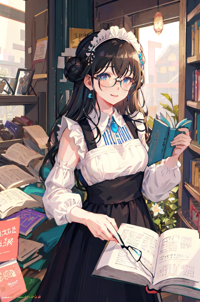 sagisawa fumika, 1girl, glasses, maid, solo, bookshelf, blue eyes, black hair, alternate costume, maid headdress, apron, enmaided, smile, juliet sleeves, dress, long sleeves, puffy sleeves, bespectacled, looking at viewer, book, maid apron, single hair bun, breasts, library, white apron, hair bun, indoors, blush, brooch, frills, black dress, official alternate costume, large breasts, long hair, sidelocks, round eyewear