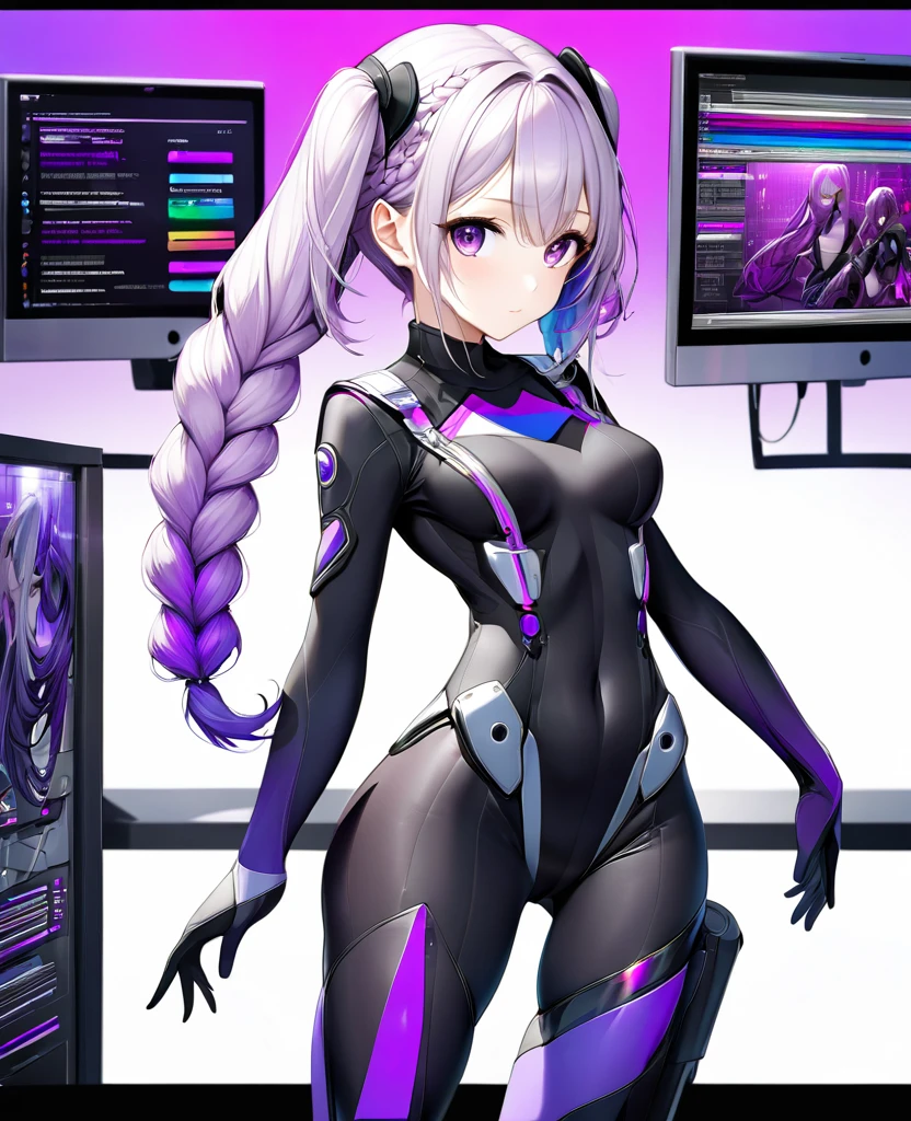 25 year old woman, best quality, super fine, 16k, incredibly absurdres, extremely detailed, delicate and dynamic, (purple eyes and braided low twin tails with gradient from white to purple at the ends), background analyzer room lab, various image effects, bodysuit, looking back at viewer, soldier