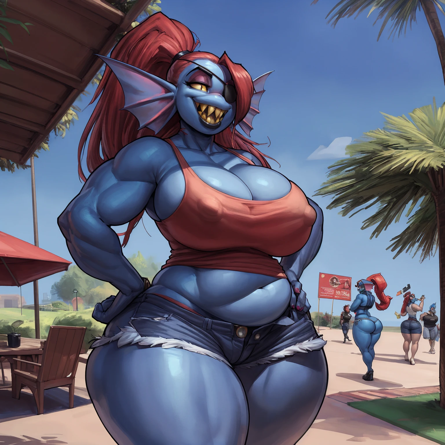 by darkgem, by duase, by boosterpang, by kevinsano, by zaush, solo, 1girl, undyne, blue skin, red hair, huge teeth, yellow teeth, laughing, black eye patch, female, older woman, smooth body, chubby, broad shoulders, wide body, wide hips, thick thighs, big arms, heavy breasts, nipple outline, highly detailed eye, milf, tank top, (bare midriff:1.3), cleavage, large areolae, denim cutoffs, visible thong straps, Masterpiece, best quality, absurd res, highly detailed, cleanly drawn eyes, park environment, standing upright, big bottom lip, black lipstick, casual posture, hands on hips,