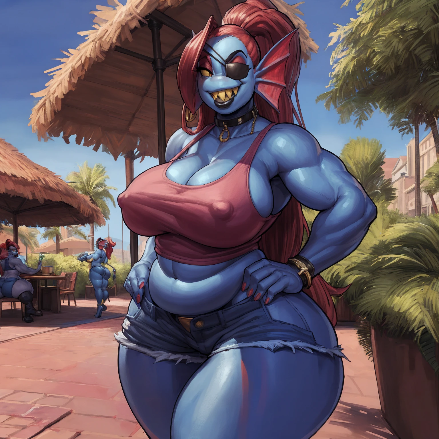 by darkgem, by duase, by boosterpang, by kevinsano, by zaush, solo, 1girl, undyne, blue skin, red hair, huge teeth, yellow teeth, laughing, black eye patch, female, older woman, smooth body, chubby, broad shoulders, wide body, wide hips, thick thighs, big arms, heavy breasts, nipple outline, highly detailed eye, milf, tank top, (bare midriff:1.3), cleavage, large areolae, denim cutoffs, visible thong straps, Masterpiece, best quality, absurd res, highly detailed, cleanly drawn eyes, park environment, standing upright, big bottom lip, black lipstick, casual posture, hands on hips,