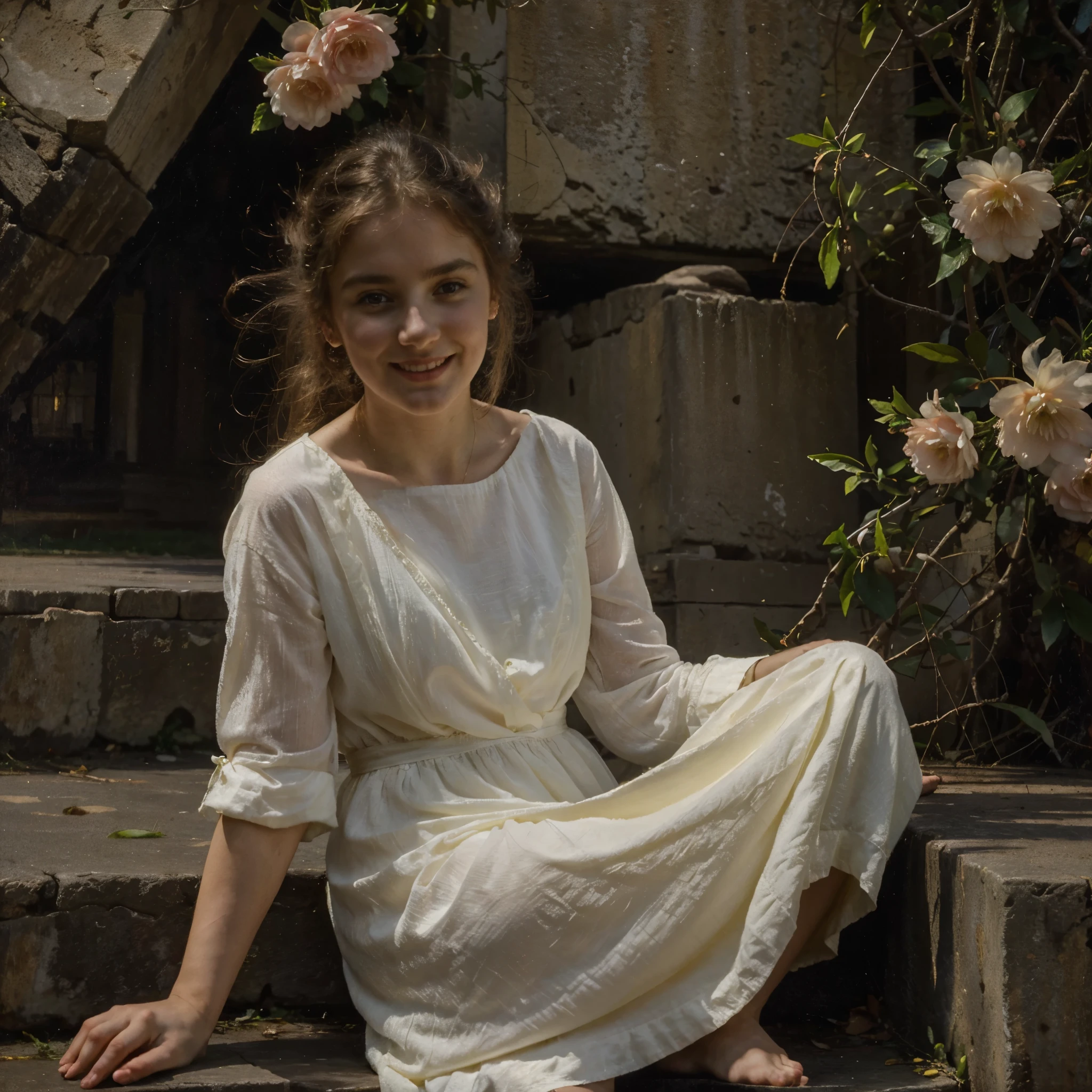 oil on canvas, a beautiful young woman resembling Mckenna Grace lying in front of some stone steps of an old lighthouse, smiling and looking at the camera, landscape of an epic night , many flowers decorate the place, natural lighting, style of william-adolphe bouguereau