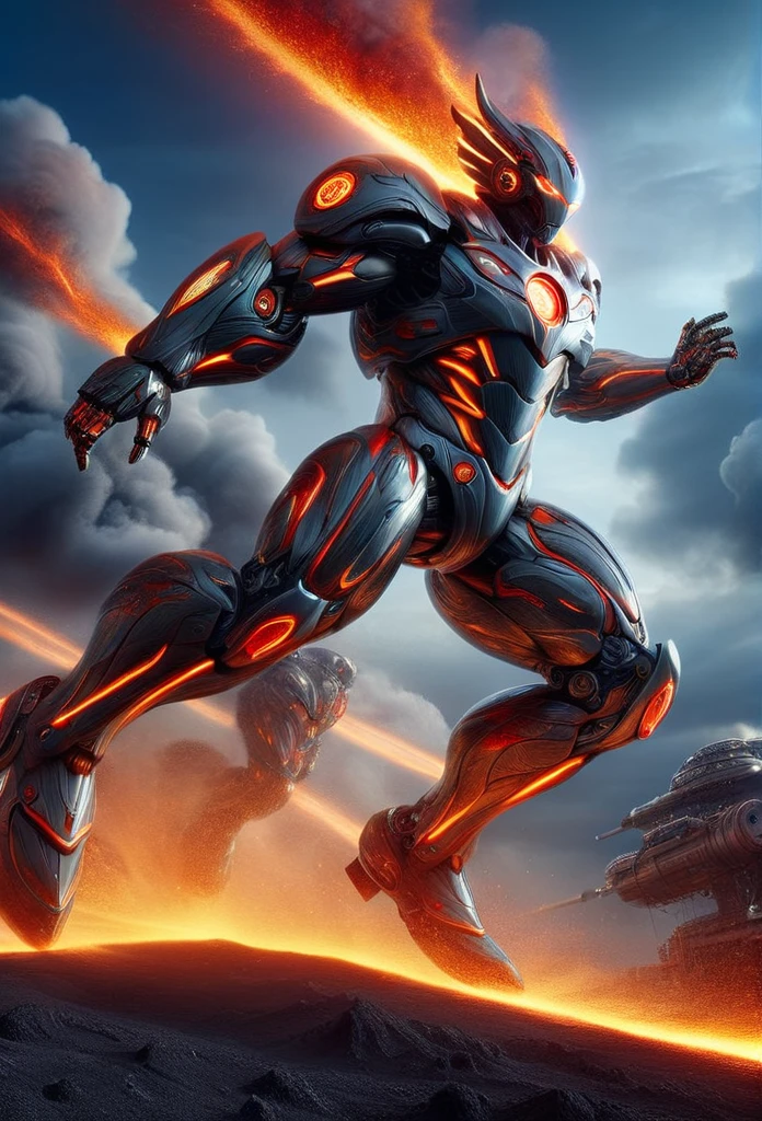 Full body, (a warrior wearing a mecha named "Storm Crimson" from China is shooting with a huge nuclear energy gun), (wearing a faucet zoom telescope on his head), (dynamic jumping shooting movements), the mecha warrior is about 8 meters tall, holding a huge nuclear power weapon in his hand. He is burly, and his whole body is made of dark gray superalloy with complex lines and patterns engraved on it. This mecha has three arms, Each arm is equipped with titanium alloy hard rotating blades, which are carefully designed and manufactured artificial muscle tissues with extraordinary strength. They are about 8 meters tall and have a burly physique. Their entire body is made of dark gray superalloys, with complex lines and patterns engraved on them. Their feet are equipped with chemical resistance devices, and their legs have back chemical thrusters,
Futuristic Future, Ice Age, Multidimensional, Nuclear Power, Orbital Orbit, Space, Veins Veins, Surreal Surreality, Glow (Radioactive Radioluminescent Body, Nuclear Waste Glow),
Broken metal, cyberpunk, atomicpunk, volcanic ash, realism, sunset, movie lighting, realistic photos, studio photography, HDR, 8K, anthropomorphism, portrait, epic lighting, ray tracing, Cannon EOS 5D Mark III, 85mm, volumetric lighting, (look up: 0.65),