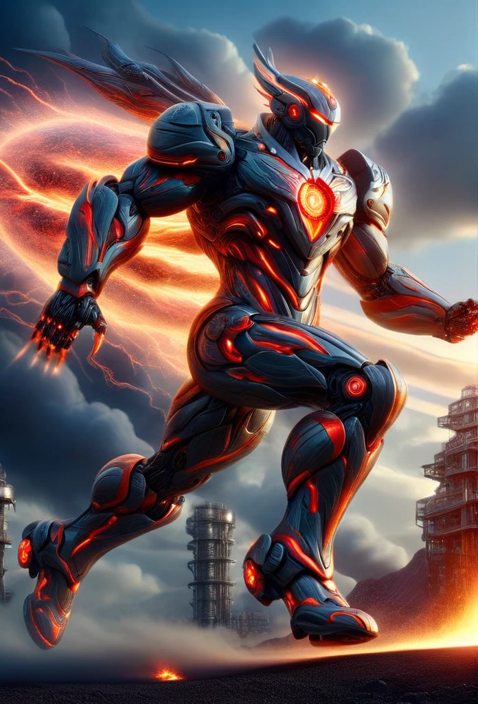 Full body, (a warrior wearing a mecha named "Storm Crimson" from China is shooting with a huge nuclear energy gun), (wearing a faucet zoom telescope on his head), (dynamic jumping shooting movements), the mecha warrior is about 8 meters tall, holding a huge nuclear power weapon in his hand. He is burly, and his whole body is made of dark gray superalloy with complex lines and patterns engraved on it. This mecha has three arms, Each arm is equipped with titanium alloy hard rotating blades, which are carefully designed and manufactured artificial muscle tissues with extraordinary strength. They are about 8 meters tall and have a burly physique. Their entire body is made of dark gray superalloys, with complex lines and patterns engraved on them. Their feet are equipped with chemical resistance devices, and their legs have back chemical thrusters,
Futuristic Future, Ice Age, Multidimensional, Nuclear Power, Orbital Orbit, Space, Veins Veins, Surreal Surreality, Glow (Radioactive Radioluminescent Body, Nuclear Waste Glow),
Broken metal, cyberpunk, atomicpunk, volcanic ash, realism, sunset, movie lighting, realistic photos, studio photography, HDR, 8K, anthropomorphism, portrait, epic lighting, ray tracing, Cannon EOS 5D Mark III, 85mm, volumetric lighting, (look up: 0.65),