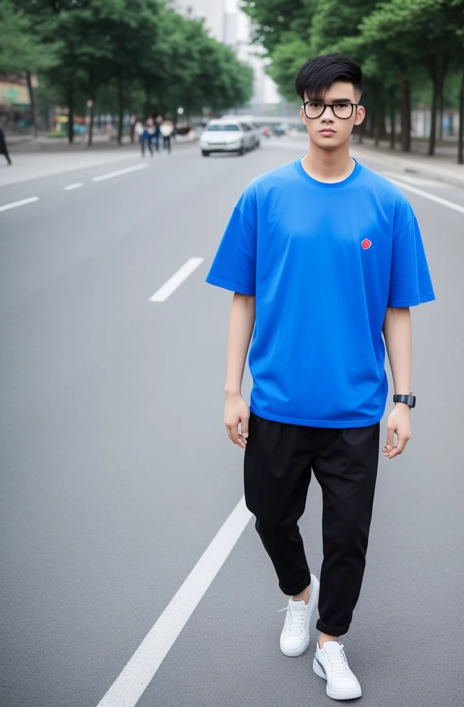 21 year old Beijing boy, he is wearing a oversize xxl blue plain t-shirt, he is wearing black trousers, he is wearing sneakers, he is wearing glasses, DJ set, full body,  he is buzz cut Hair, foot, walking 