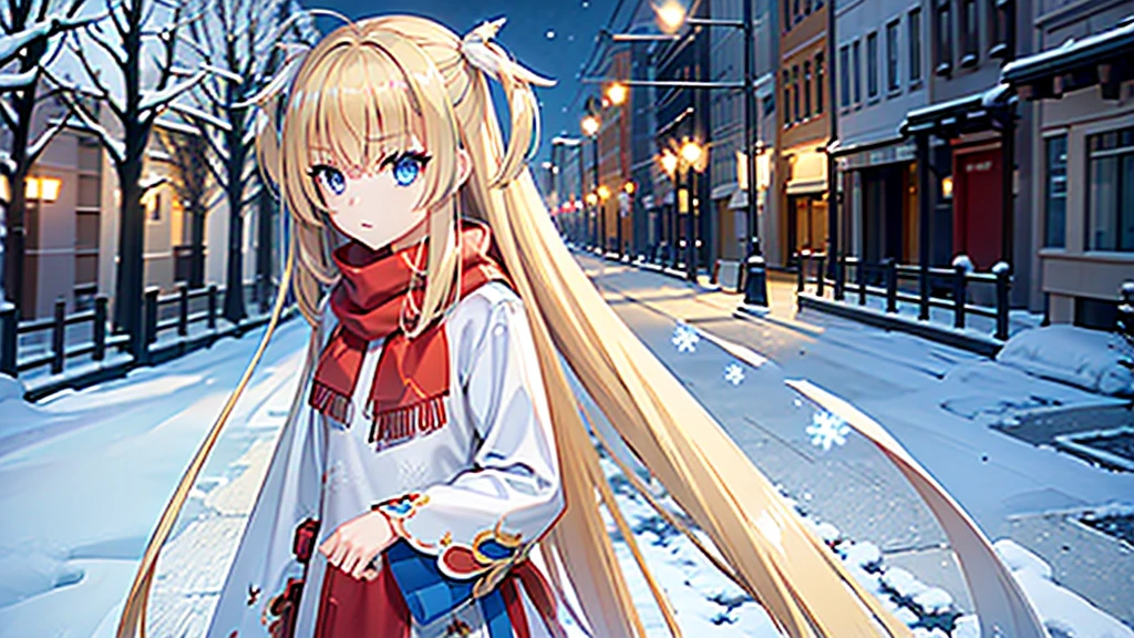 ((masterpiece)),(best quality),Official Art,Extremely detailed CG,Unity 8K wallpaper,Very detailed,Beautiful and delicate eyes,Extremely detailed face,1 girl,solitary,,(whole body:1.5),(small:1.3),，winter，Snowflakes fell in the sky，Light up the lights，Have a prosperous New Year，Spring Festival，Wearing a long red scarf，Red coat，Walking in the street