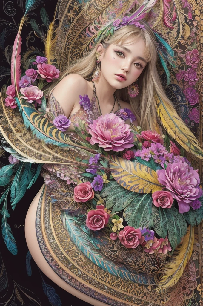 (masterpiece, top quality, best quality, official art, beautiful and aesthetic:1.2), (1girl:1.3), extremely detailed,(fractal art:1.1),(colorful:1.1)(flowers:1.3),highest detailed,(zentangle:1.2), full body, (abstract background:1.3), (shiny skin), (many colors:1.4), ,(earrings), (feathers:1.5),