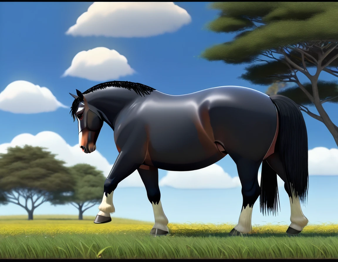 large African BBW woman (very full figured  black skinned ) nude.  complete side view. riding big Shire horse (stallion). fat bum. flat grass. cloudless blue sky., black hair, short ponytail, dilated pupils, smelling, open mouth, high detail, depth of field, UHD, masterpiece, anatomically correct, accurate, super detail, highres, 16k meadow.  cloudless blue sky. 