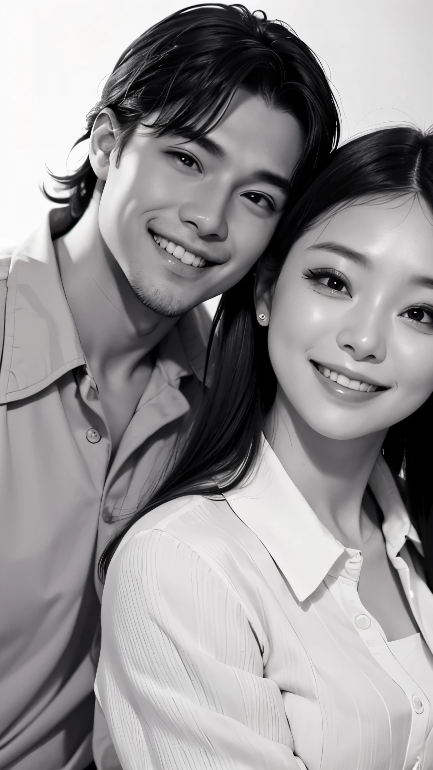 A man and a woman wearing loose, refreshing blouses are rubbing cheeks together、Looking straight at the camera and smiling, The background is a plain gray gradient, Close-up