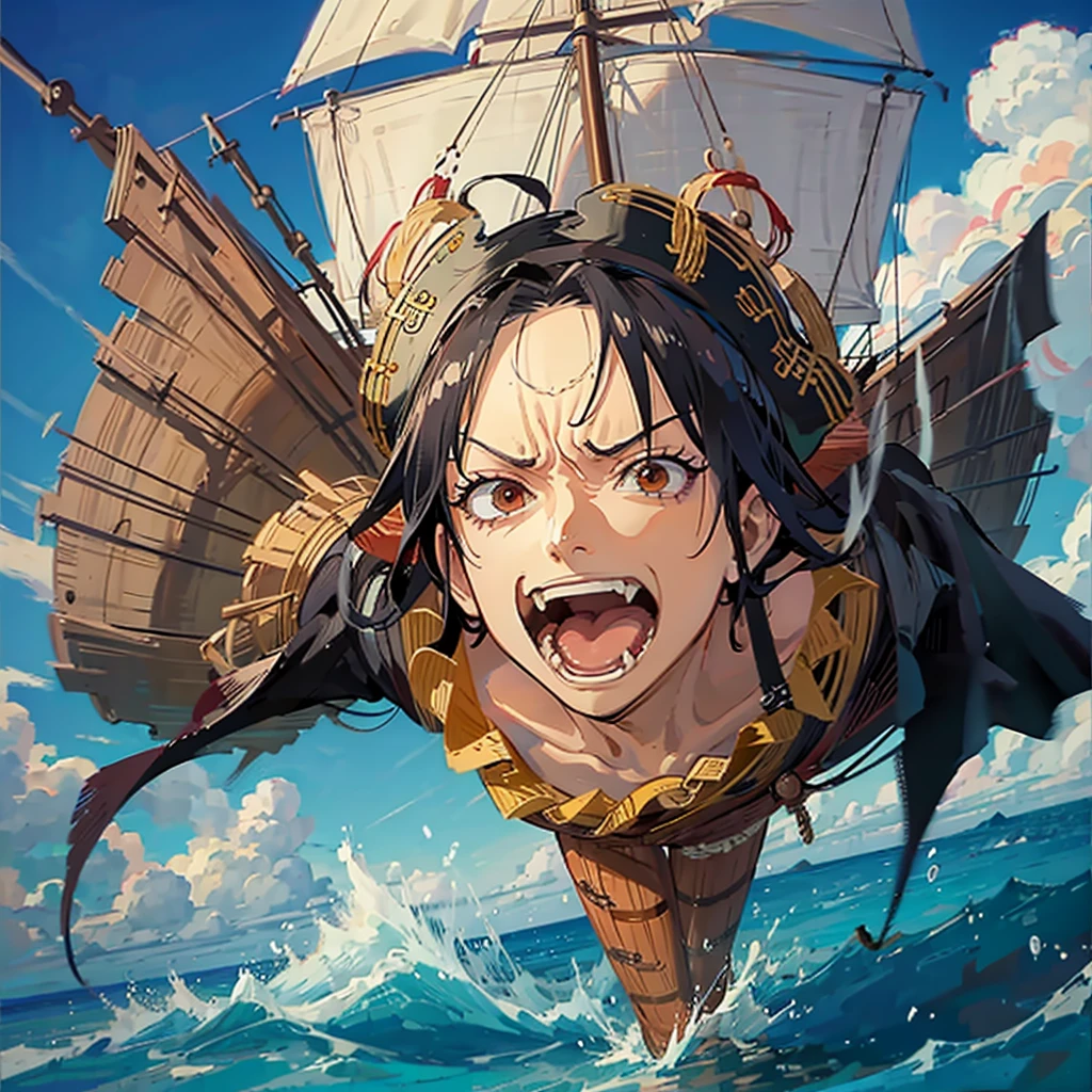 luffy from one piece, Menacing view, Pirate boat background, Epic scenemy