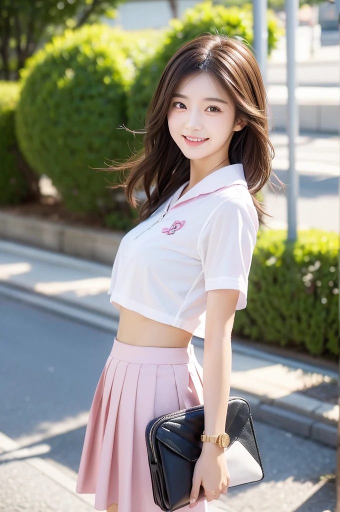 Image resolution 8K、masterpiece:1.3)、Beauty、1 female、(魅力的なbody:1.2)、abdomen:1.1、Dark Brown Hair:1.1、(body:1.2)、Ultra-detailed face、Attractive lips、double eyelid、Super realistic and detailed super cute in a white short sleeved zippered sailor suit and pink skirt、Japanese 、Japanese women、10th generation(18-year-old)、Smiling with a nice smile、Hair fluttering in the wind、Short Hairstyle、