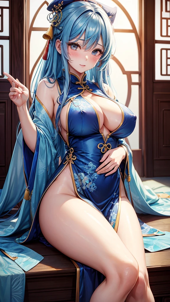 Beautiful woman with blue hair wearing a Chinese dress、I can see her boobs、Nipples are visible、I can see the pussy、blush、Obscene pose