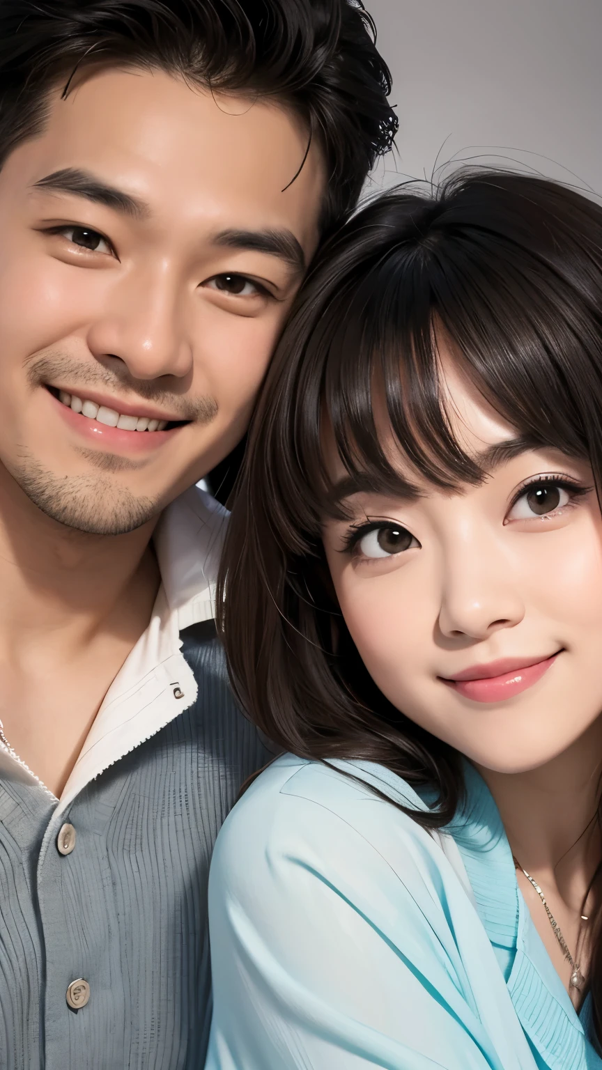 A man and a woman wearing loose, refreshing blouses are rubbing cheeks together、Looking straight at the camera and smiling, The background is a plain gray gradient, Close-up