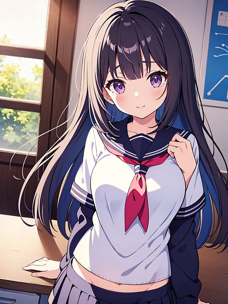 primary school girl, 8 years, A cup of breasts, black fur, wide, purple eyes (One Person) Smooth white upper body., short sleevesTshirt, navy blue mini skirt, white panties((I can see her panties)) white socks girl'room session ((I can see her panties)) Dynamic angle Low angle