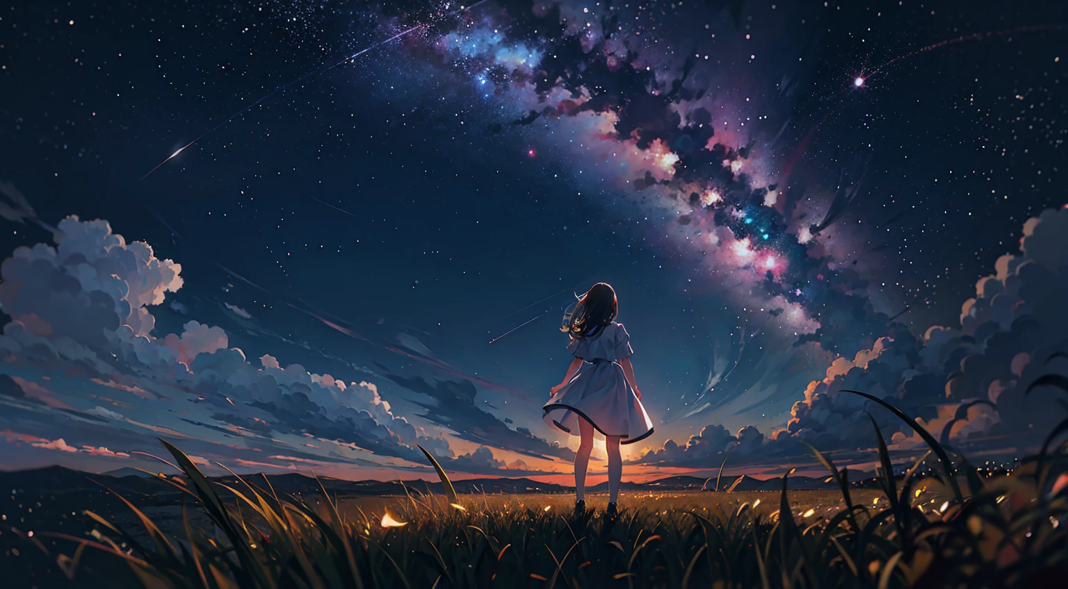 girl wearing a white dress, from behind, night sky, far away, landscape, wideangle, masterpiece, wallpaper