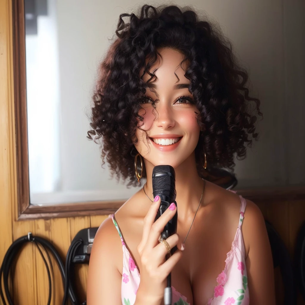 Woman smiling, with microphone in hand, very happy, curly hair, wearing a pink blouse, best quality, very detail