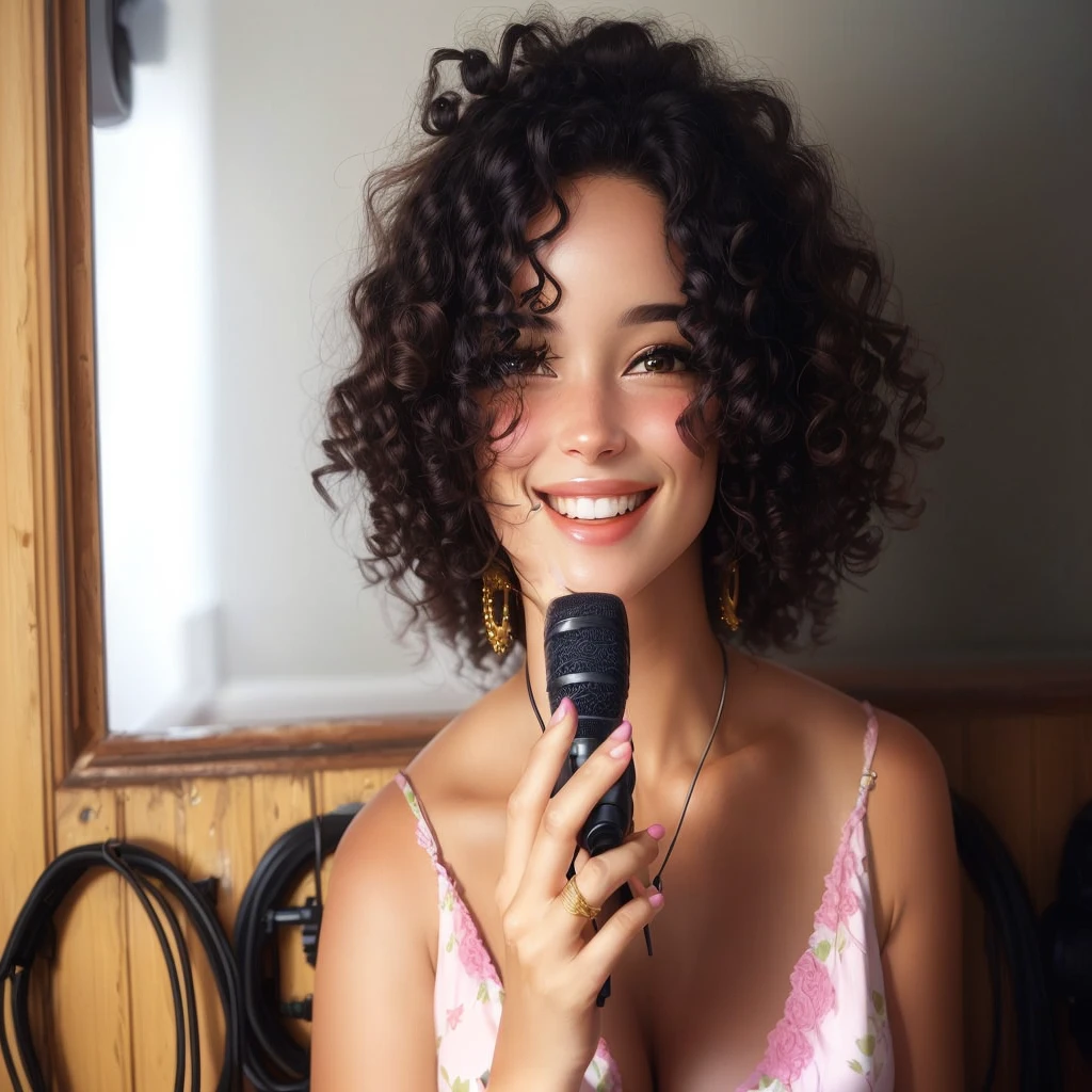 Woman smiling, with microphone in hand, very happy, curly hair, wearing a pink blouse, best quality, very detail