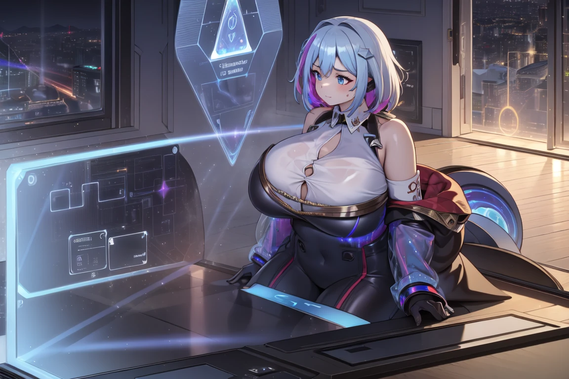 masterpiece, best quality, TopazV4:1.5, 1girl, looking at pc screen, solo, hair ornament, ((holographic interface:1.3)), indoors, spaceship, night, gigantic breasts