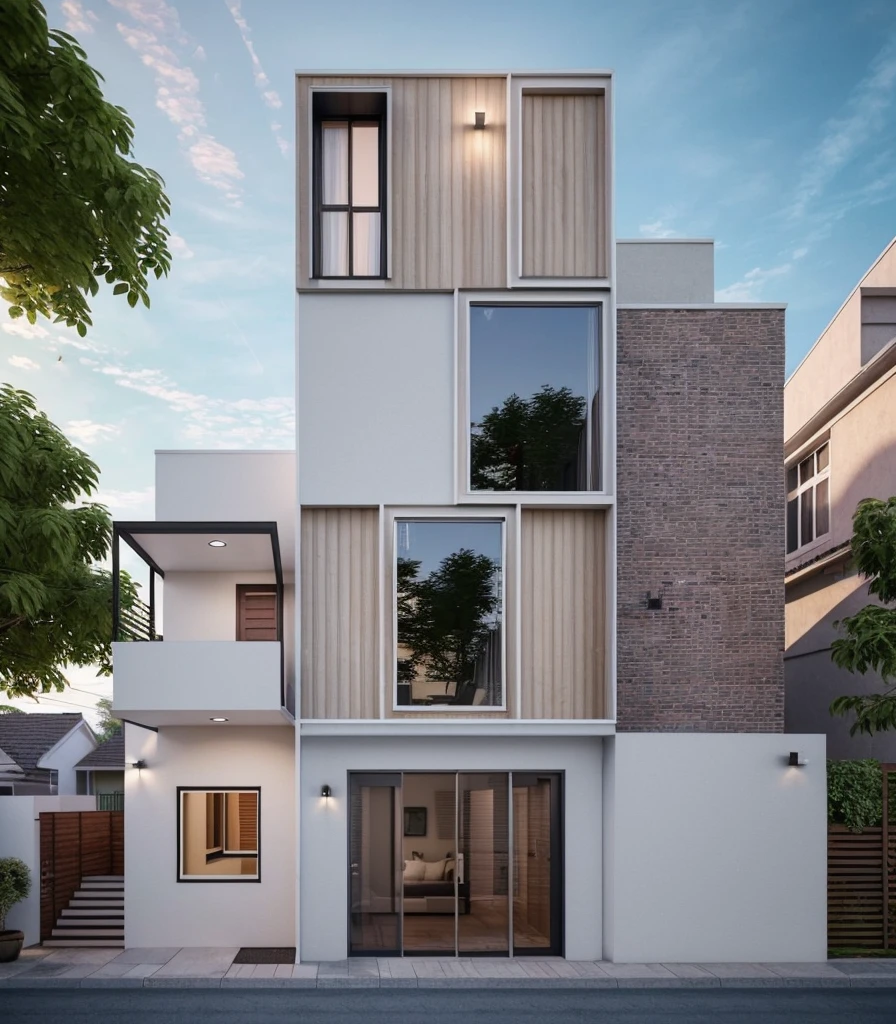 (Townhouse in city ,close houses and trees), daylight ( best quality) ((high solution)) ,(( photo realistic)) ,warm light, (sharp focont view of townhouse in style of modern,small house, Narrow area,VietNam,facade, curved arch,beautiful facade,curved windown,narrow and long ,two-storey,mutual colours, soft lighting, warm atmosphere,high Resolution, hyper detailed,4k ,vray render, octane render, hyper realistic, photography expert ,exterior design , professional photography, exterior photography,wide-angle shot , ultra detail , high Resolution , full frame, full body