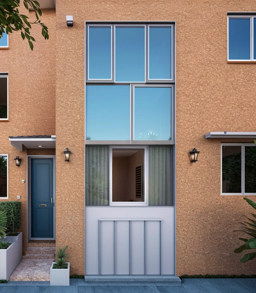 (Townhouse in city ,close houses and trees), daylight ( best quality) ((high solution)) ,(( photo realistic)) ,warm light, (sharp focont view of townhouse in style of modern,small house, Narrow area,VietNam,facade, curved arch,beautiful facade,curved windown,narrow and long ,two-storey,mutual colours, soft lighting, warm atmosphere,high Resolution, hyper detailed,4k ,vray render, octane render, hyper realistic, photography expert ,exterior design , professional photography, exterior photography,wide-angle shot , ultra detail , high Resolution , full frame, full body