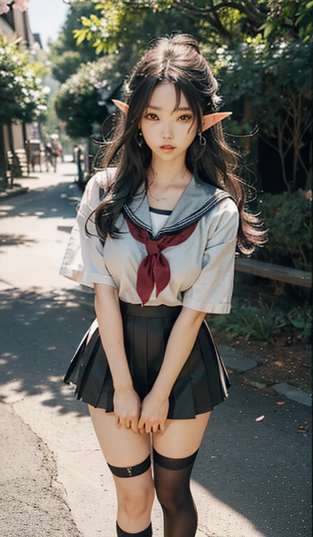 (japanese style school,the cherry trees:1. Mature elven beauty,standing on your feet,A sailor suit), Masterpiece, The best quality, RAW Photographer, being realistic, Incredibly ridiculous beef,Long elf ears, earrings,hair pin, (Long Loose Silver Black Hair:1.9),eye shadows,(A sailor suit),ear drop,foot ring,Short skirt,(Black sports socks)(Black half knee sockoccasin shoes),two longer legs,Depth of fields, A high resolution, ultra-detailed, watermark, RAWE is very detailed, very detailed eyes and faces, sharp pupils, realistic student, sharp focus, cinematic lighting,full bodyesbian,big tits,long legs,FROM THE FRONT,dynamic poses,Normal posture,closeup of face