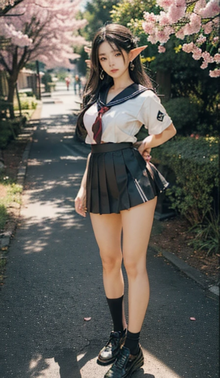 (japanese style school,the cherry trees:1. Mature elven beauty,standing on your feet,A sailor suit), Masterpiece, The best quality, RAW Photographer, being realistic, Incredibly ridiculous beef,Long elf ears, earrings,hair pin, (Long Loose Silver Black Hair:1.9),eye shadows,(A sailor suit),ear drop,foot ring,Short skirt,(Black sports socks)(Black half knee sockoccasin shoes),two longer legs,Depth of fields, A high resolution, ultra-detailed, watermark, RAWE is very detailed, very detailed eyes and faces, sharp pupils, realistic student, sharp focus, cinematic lighting,full bodyesbian,big tits,long legs,FROM THE FRONT,dynamic poses,Normal posture,closeup of face