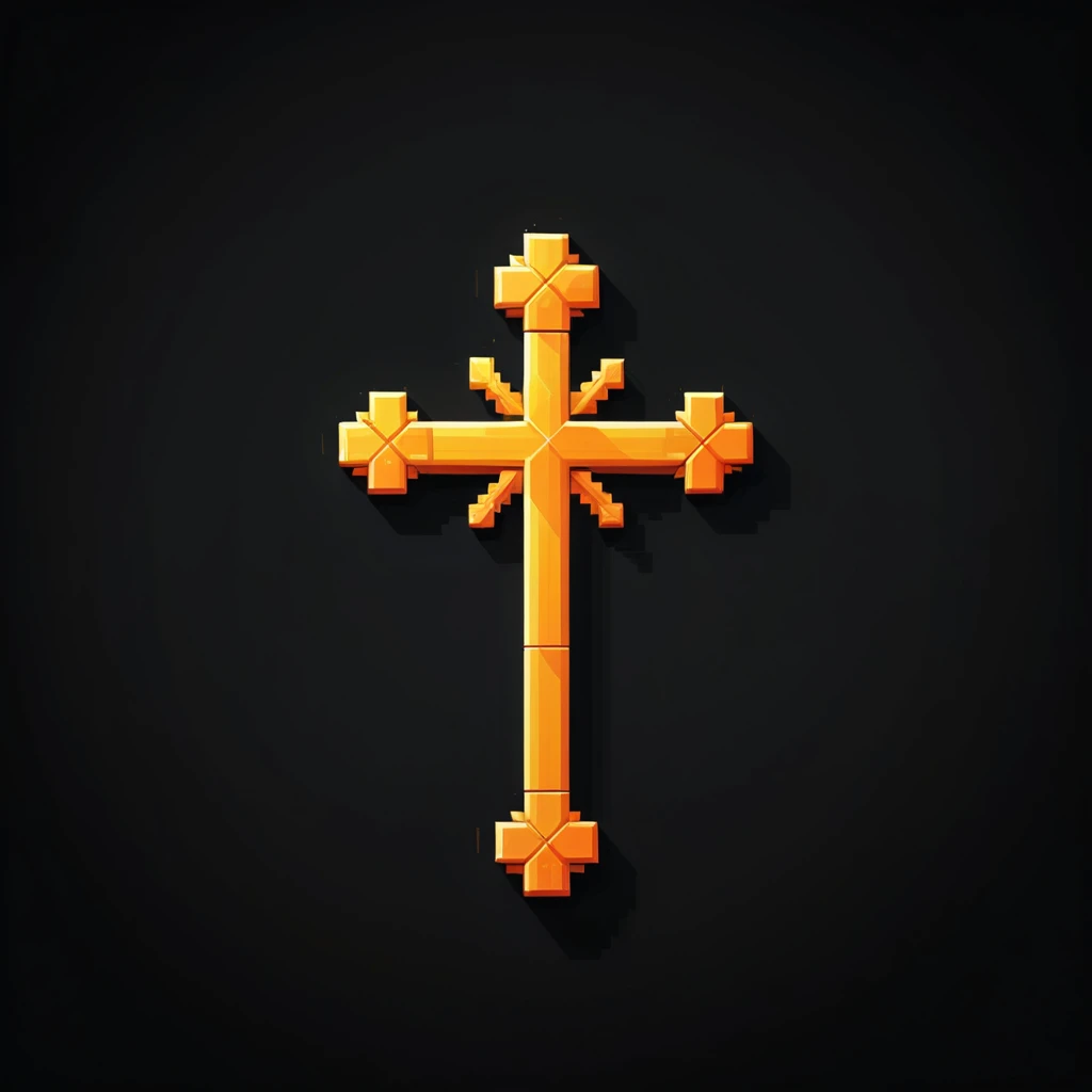 pixel art, cartoon illustration, cross, yellow and orange colors, simple white background, game icon