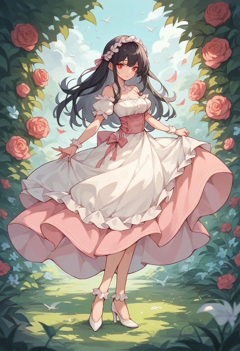 Female , Long Black hair, Red Eyes , Wear pink color dress , White high heel , There was a little bird on her hand. , in the garden