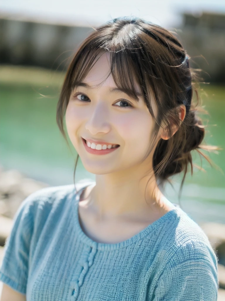 Japanese, one person, 20-year-old, cute, smile, bright, The background is the seaside, Sunlight, one piece, highest quality, shape, Very detailed, finely, High resolution, 8k wallpaper, Perfect dynamic shape, Beautiful and exquisite,one person,Small face, True Face