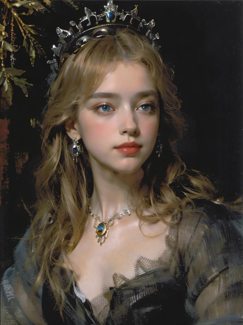 ((masterpiece、Highest quality、Very detailed、High resolution、Realistic、Sharp focus))、((Stunningly beautiful blonde woman、(Mid Shot)、Brightness of the face))、High contrast、High saturation、Stunning and gorgeous painting、Marie Antoinette、Gorgeous dress、crown、necklace、Fantasy Portrait、Long Hair、Earrings、blue eyes、Detailed hand drawing、The background is a medieval room、oil painting