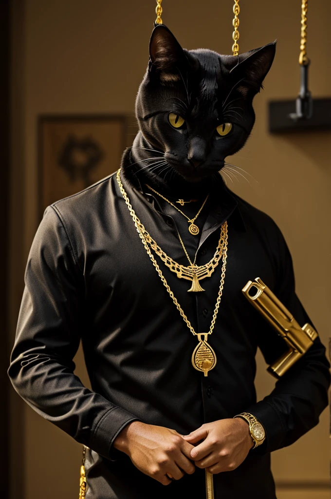 (( A hunter cat )) ( colour black ) ((wearing golden necklace)) Hanging Gun on his hand sideways.