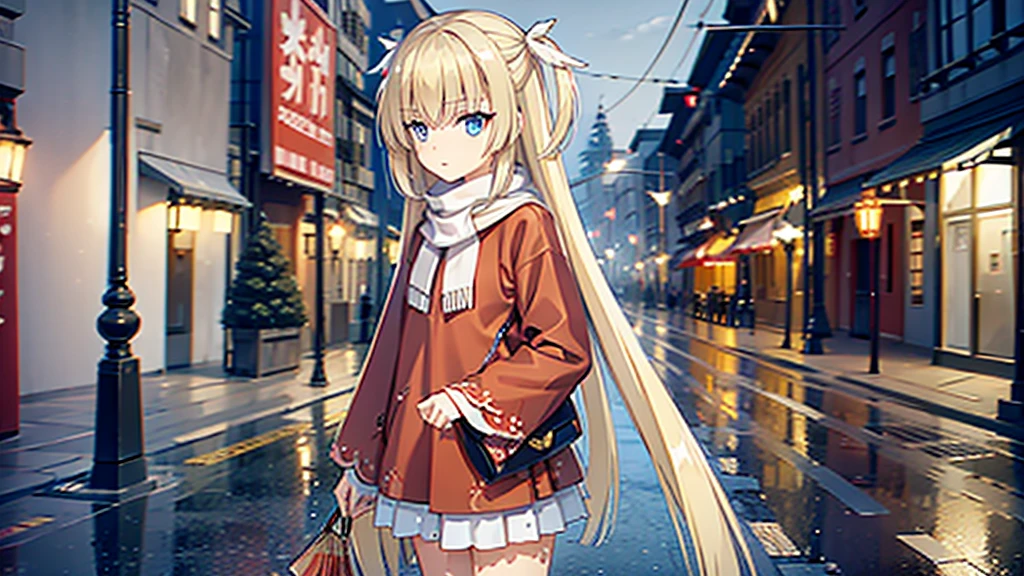 ((masterpiece)),(best quality),Official Art,Extremely detailed CG,Unity 8K wallpaper,Very detailed,Beautiful and delicate eyes,Extremely detailed face,1 girl,solitary,,(whole body:1.5),(small:1.3),,winter,Snowflakes fell in the sky,Light up the lights,Have a prosperous New Year,Spring Festival,Wearing a long red scarf,Red coat,Walking in the street,Red envelope rain