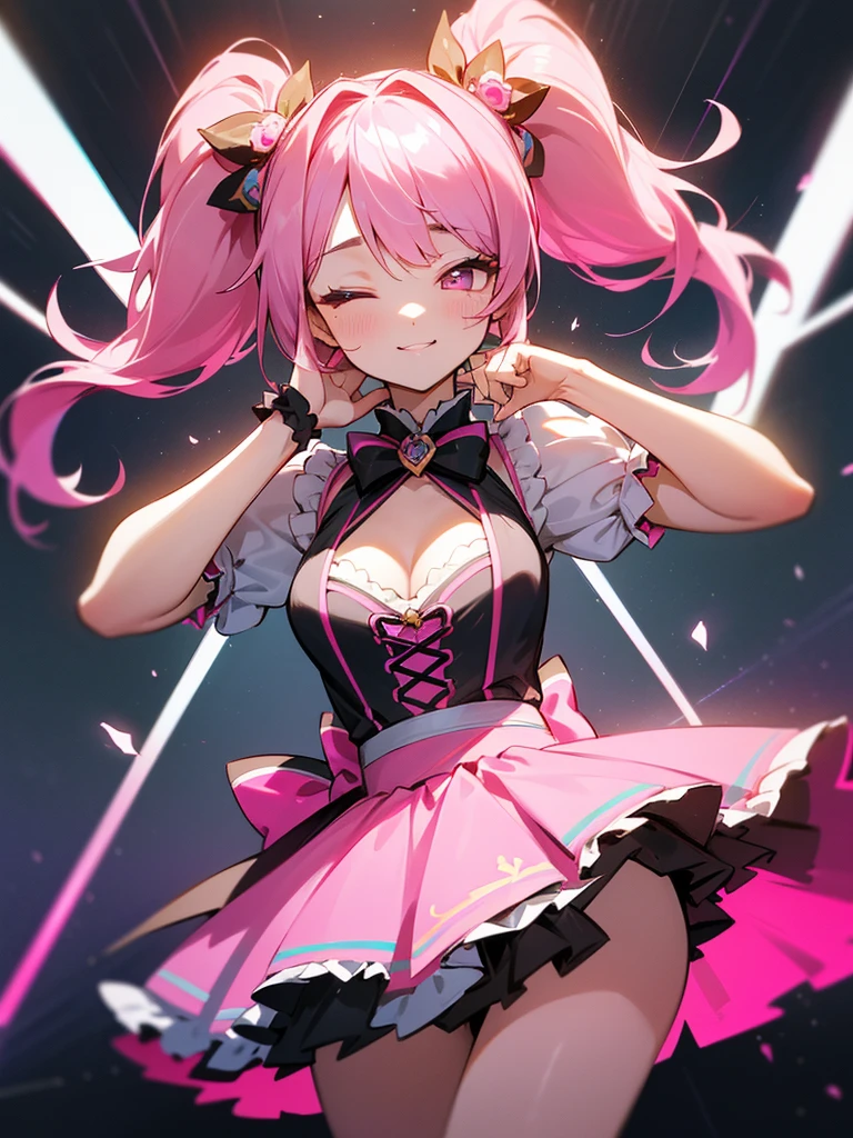 High quality,beautyな背景,detailed,masterpiece,beauty,1 person,aldult,Up to the waist,Idol,Cute Woman,Idol衣装,Fluttering,Lots of frills,Cleavage Emphasis,笑face,Idolのステージ上に立つ,Live,A sea of pink glow sticks in the audience,Hold the microphone, ((((perfection_face))),(Beautiful lighting:1.3),Dynamic Lighting,Dynamic Pose,Active,Pink Hair,Standing pose,Golden Ratio,Pink Eyes,Close one eye,Burikko Pose,Twin tails,long hair