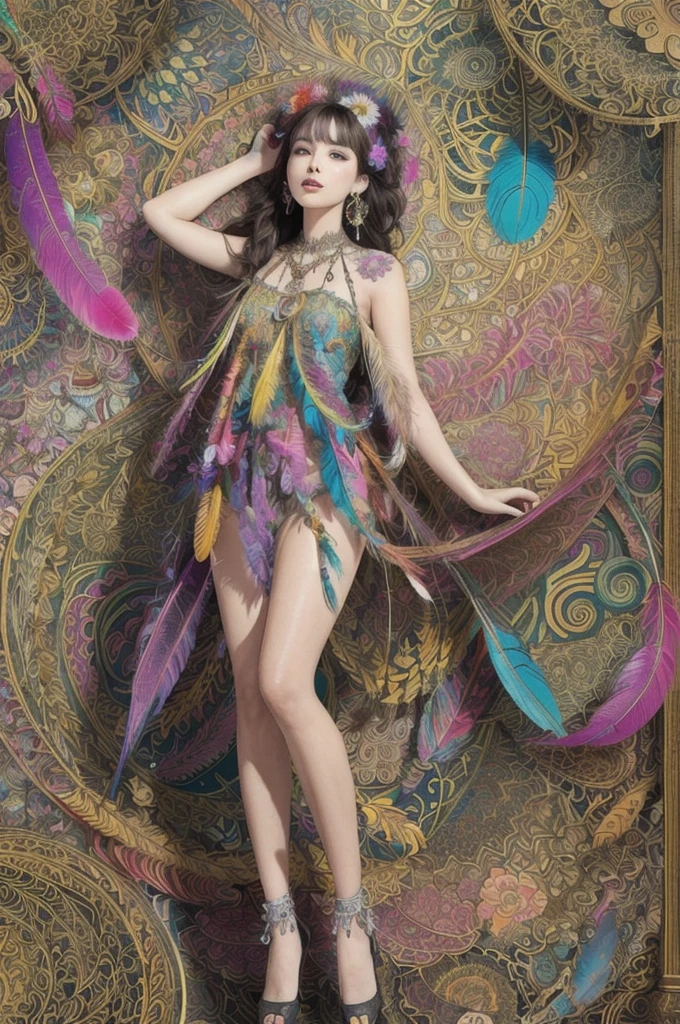 (masterpiece, top quality, best quality, official art, beautiful and aesthetic:1.2), (1girl:1.3), extremely detailed,(fractal art:1.1),(colorful:1.1)(flowers:1.3),highest detailed,(zentangle:1.2), full body, (abstract background:1.3), (shiny skin), (many colors:1.4), ,(earrings), (feathers:1.5),