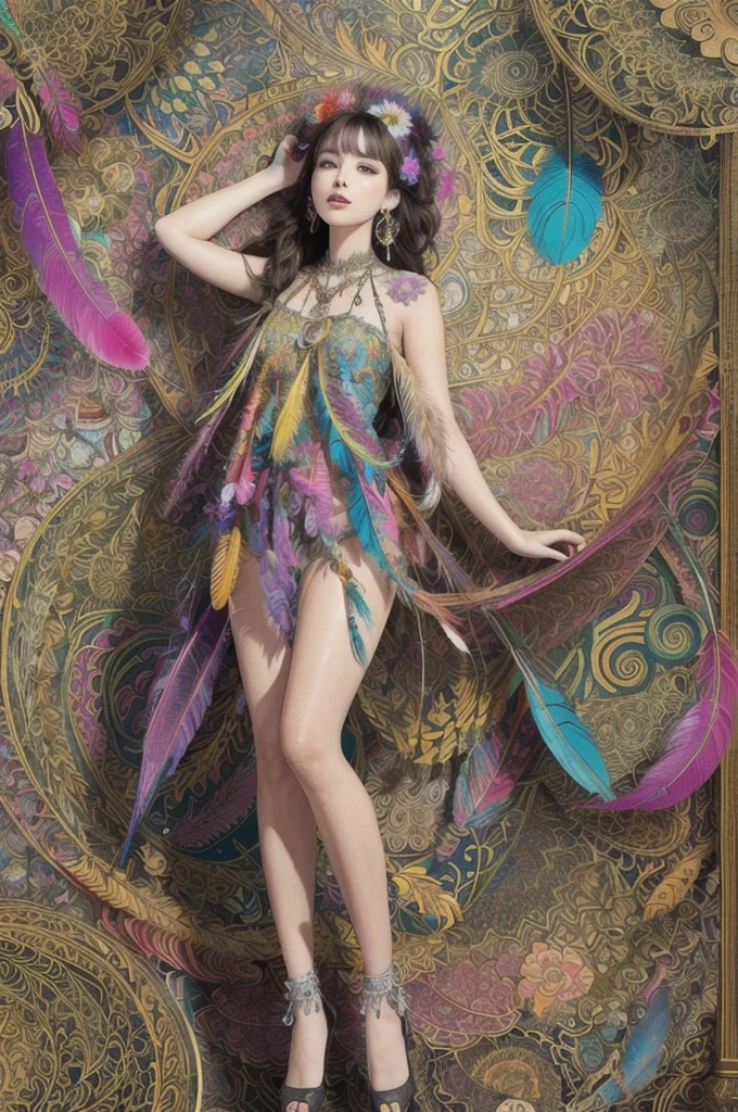 (masterpiece, top quality, best quality, official art, beautiful and aesthetic:1.2), (1girl:1.3), extremely detailed,(fractal art:1.1),(colorful:1.1)(flowers:1.3),highest detailed,(zentangle:1.2), full body, (abstract background:1.3), (shiny skin), (many colors:1.4), ,(earrings), (feathers:1.5),