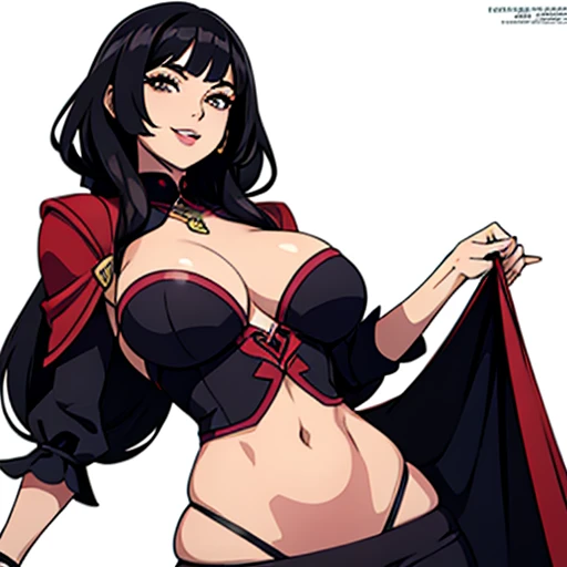 [a gorgeous, mature woman with a seductive smile and parted lips against a white background. She has sharp eyelashes, eyes browns, and long black hair with bangs. His figure is voluptuous, with a narrow waist, Broad Hips, and huge breasts. The image has a style inspired by Genshin impact, rendered in high detail and HDR quality as a stunning work of art.]
