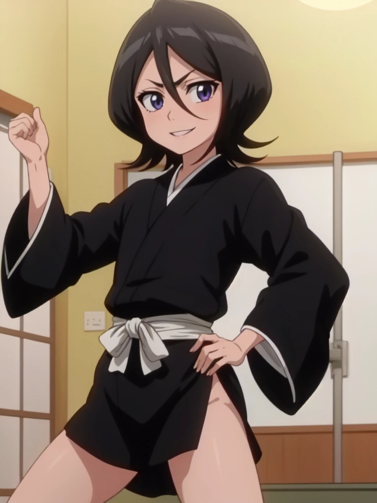 anime screencap,
1girl, solo, hand on hip, short hair, black hair, purple eyes, looking at viewer, black kimono, hair between eyes, cowboy shot, facing viewer, seductive smile, indoors , in Japanese house, lies on back, spread legs, happy, nude body, flat tors