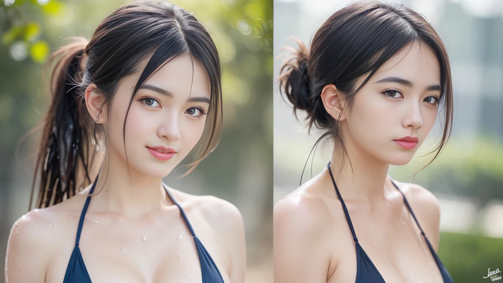 1girl, puffy nipples, (small breasts), (curvy body:0.8), uncensored,
angelic face, detailed face, backlighting, light on face, (facial expression of smile and sleepy and laugh:1.2), (heavy makeup:1.3), blue eyes,
((perfect female figure)),(sharp focus:1.4), (realistic humid skin:1.6), (soaked body), detailed eyes,(curvy body:0.8), (long black ponytail hair:1.2), (camera focus on face), depth of field, best quality, ultra high res, (photorealistic:1.4), (wet skin), ((micro bikini)), looking at viewer