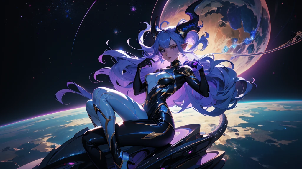 A space dragon sitting at the edge of the universe, lonely, sad, void, stars, the stars mixed in the sea, a sea of stars, ethereal woman, Blue and purple hair , space buns, space outfit, white black and gold outfit, golden dragon horns and tail, space outfit, space suit, mass effect suit, perfectly drawn face, black dress, stars detailed background, prismatic lighting, glitter, whole body, walking on the stars with crystal shoes A beautiful dragon humanoid woman with space hair of variant shades of blue and purple with space buns in hair , Golden scanes on the face and shoulders, Anime, 4k, Beautiful woman with a golden dragon tail and horns, Space hair, Floating in space, Vintage space Attire, floating through space, dancing, havign fun, Space Witch, Witch, Older woman, Toned physique, long hair with side bangs, humanoid face with scales, human with dragon horns and tail, witch outfit, body suit, thigh boots, wearing black, white and gold, blue hair, purple hair, Woman in space with water rippling reflecting the night sky, space and water mixed today, dancing in space, floating, ethereal dragon at the edge of the universe, end of the universe