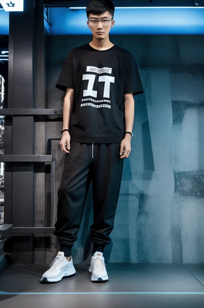 21 year old Beijing boy, he is wearing a oversize xxl blue plain t-shirt, he is wearing black trousers, he is wearing sneakers, he is wearing glasses, city, full body, he is buzz cut Hair, foot, walking, young skin