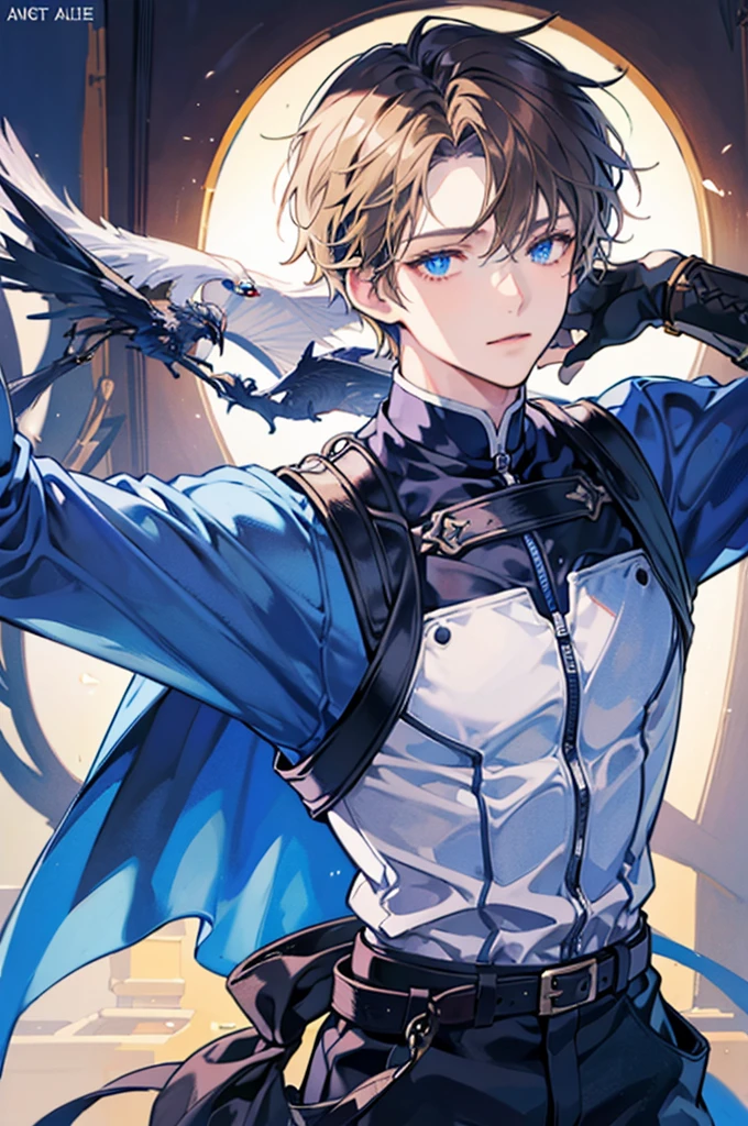 create a cover image about a boy in anime style, dark blonde hair color, blue eyes, knight's armor and a great sword wielded with both hands, tired expression while smiling, with three friends and his beloved, the girl with long brown hair, two small black horns, small bat wings and small demon tail, attire black and white sweet dress wielding a dagger with an angry expression with a smile