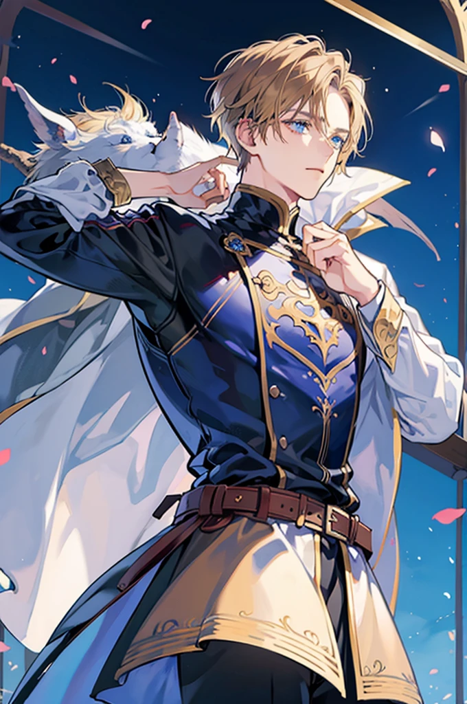 create a cover image about a boy in anime style, dark blonde hair color, blue eyes, knight's armor and a great sword wielded with both hands, tired expression while smiling, with three friends and his beloved, the girl with long brown hair, two small black horns, small bat wings and small demon tail, attire black and white sweet dress wielding a dagger with an angry expression with a smile